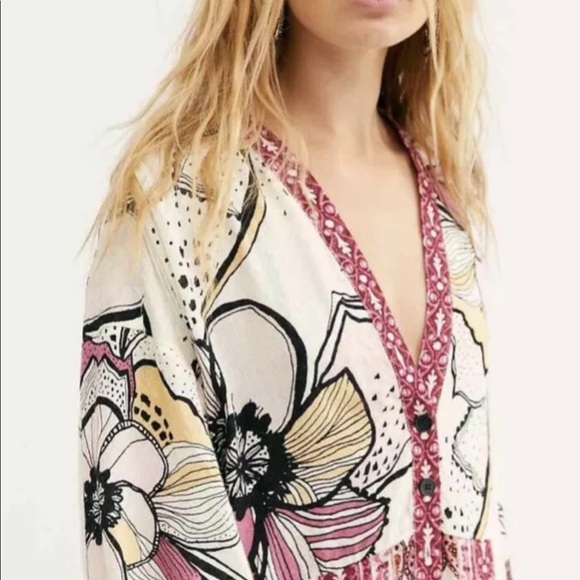 Free People Duster Kimono Mixed Print Ivory Wine - Picture 6 of 7